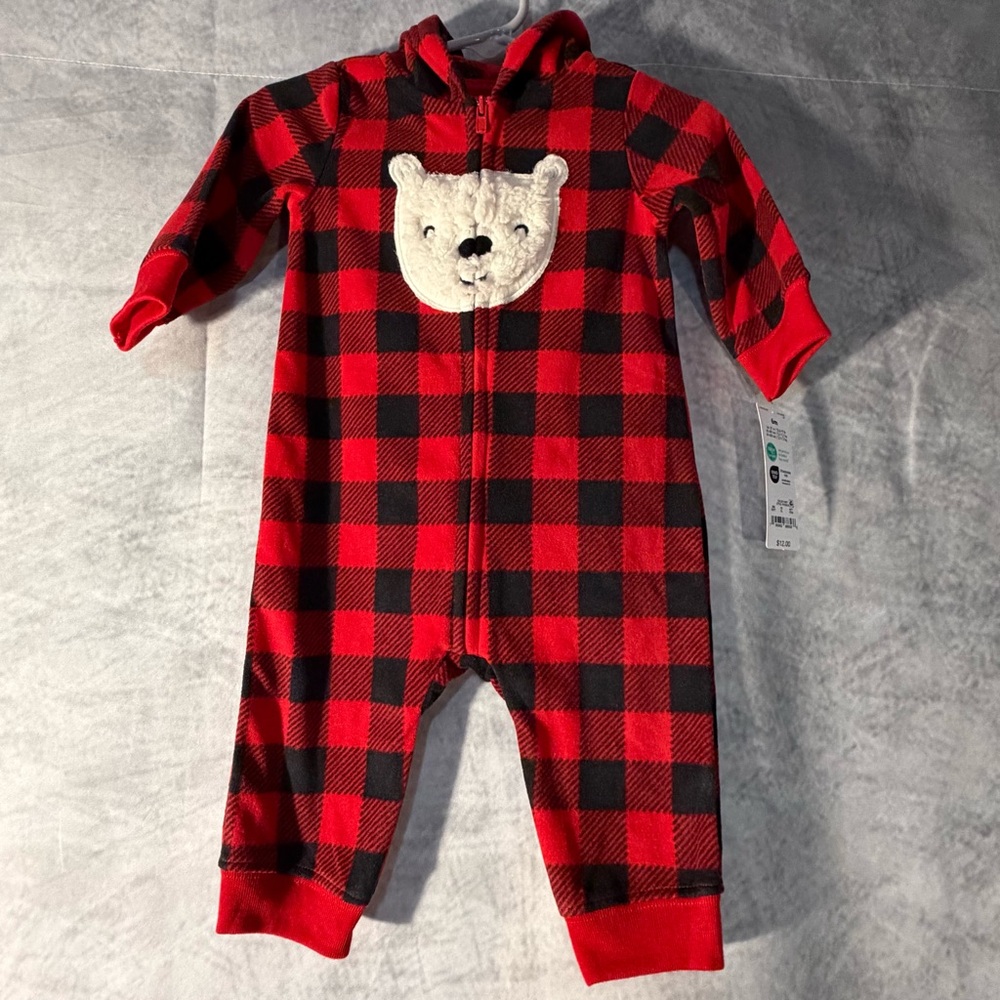 Carter's Red and Black Buffalo Plaid Hooded One-Piece with Bear Applique